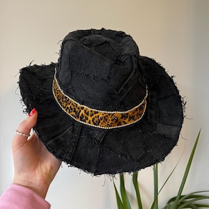 Black Denim Cowboy Hat with Leopard Print Heart • Recycled Denim Cowgirl Hat • Denim Cowboy Hat