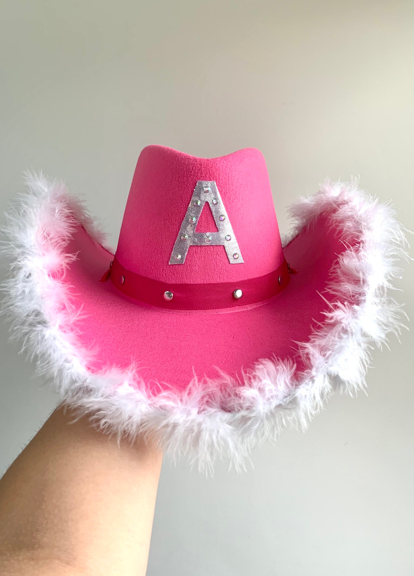 Personalised Hot Pink Cowboy Hat Fur Rimmed Rhinestone Etsy