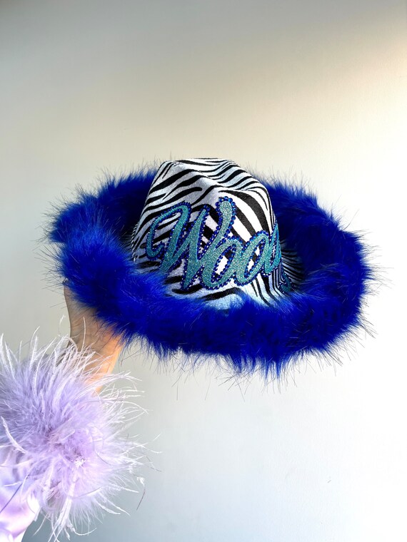 Electric Blue Fur Trim Zebra Print Cowboy Hat • Zebra Print Hat • Festival  Hat • Furry Cowboy Hat • Animal Print Cowgirl Hat