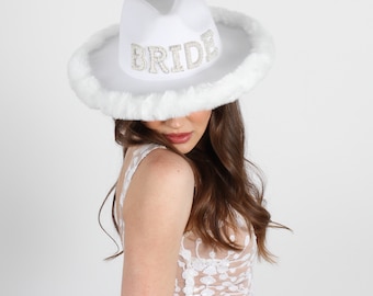 Bride-To-Be White Fur Trim Fedora Hat • White Bridal Hat • Bachelorette Hat • Bridal Shower • Fedora Hat • Fedora Party