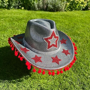 Space Grey Star Cowboy Hat: Festival Cowgirl Hat with Red Pom Poms