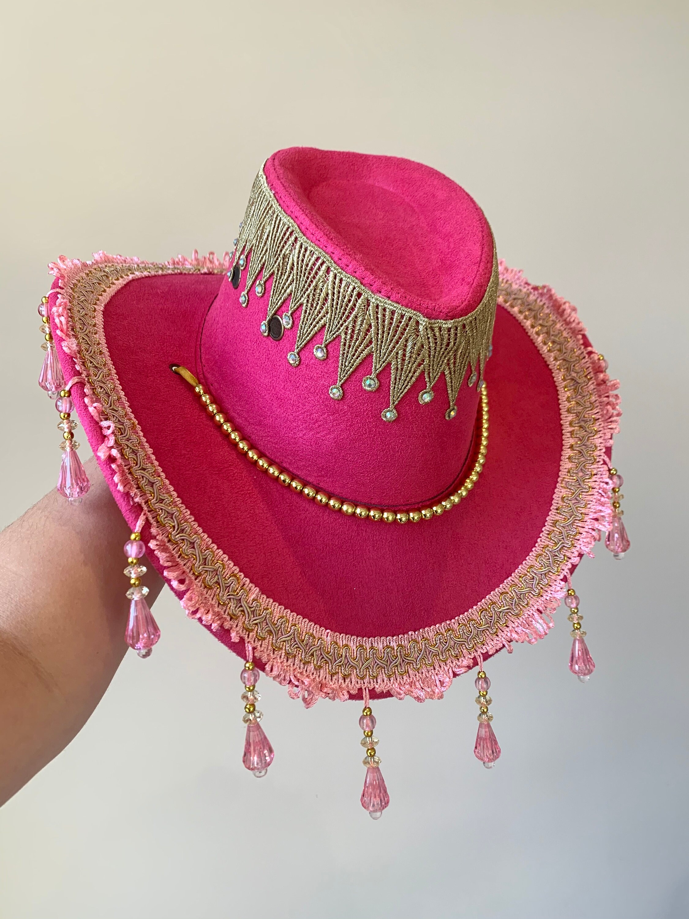 Hot Pink Beaded Fringe Cowboy Hat * Festival Cowboy Hat * Fringed Hat * Cowgirl Costume