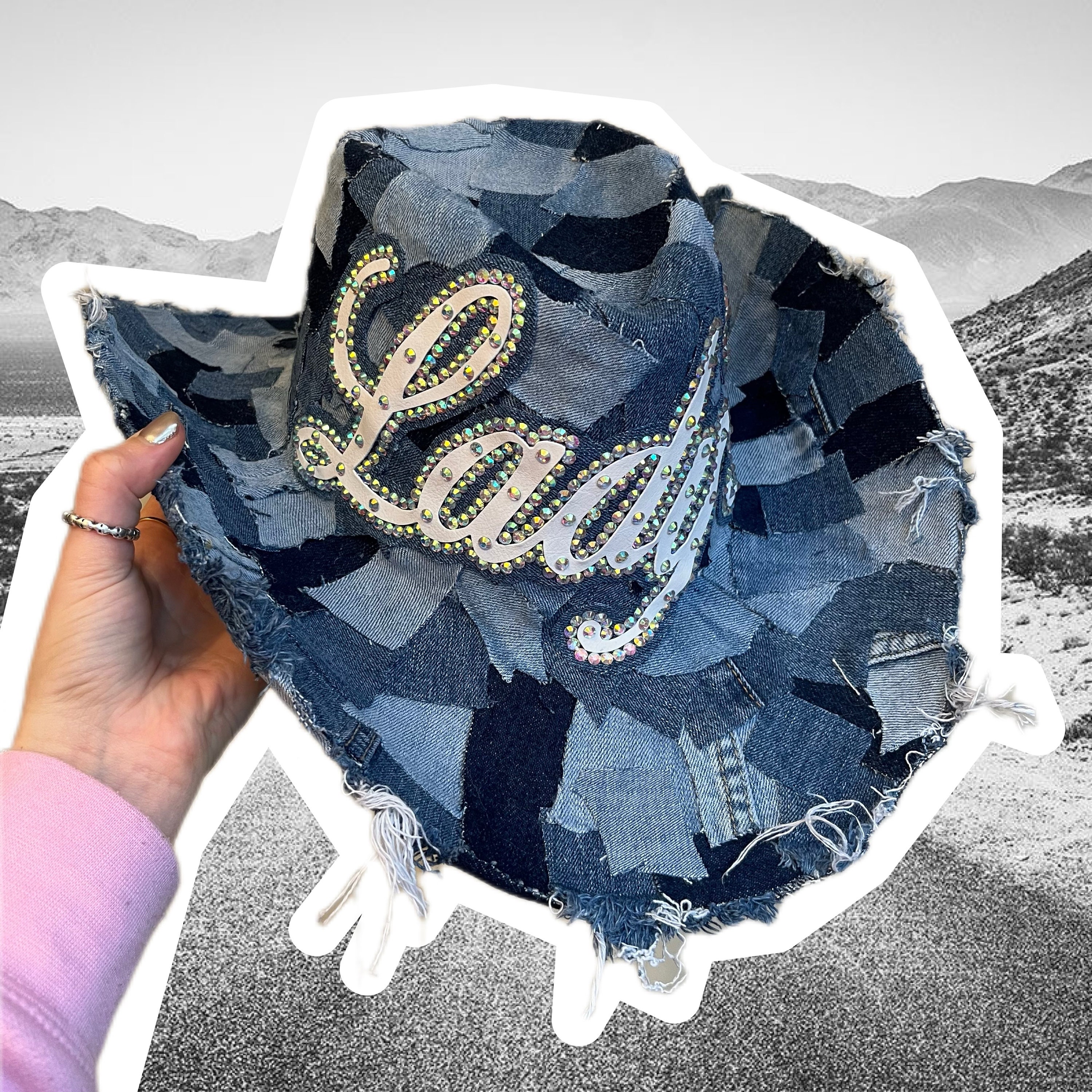 Custom Made Stylish Denim Cowboy Hat with Rhinestone Accents Personalized Recycled Denim Cowboy Hat: Rhinestone Festival  main image 2