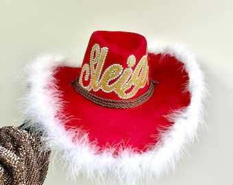 Red Velvet Christmas Cowboy Hat: Feather Trim Santa Hat
