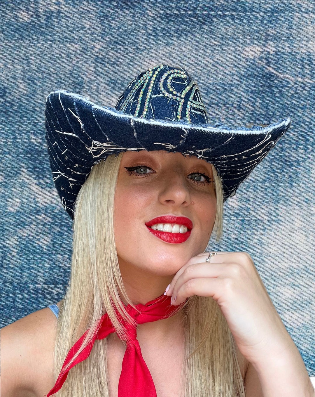 Personalized Rhinestone Denim Cowgirl Hat: Recycled Vintage  display picture 3