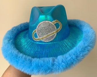 Space Cowboy Cowgirl Hat * Metallic Blue Cowboy Hat * Fur Trim Festival Hat * Space Cowgirl