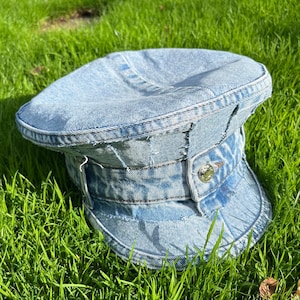 Recycled Denim Military Hat • Festival Hat • Denim Pilot Hat • Party Hats • Upcycled Denim Hat