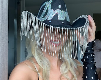 Personalisierter Strass Fransen Cowboy Hut - Schwarzer Festival Cowgirl Hut