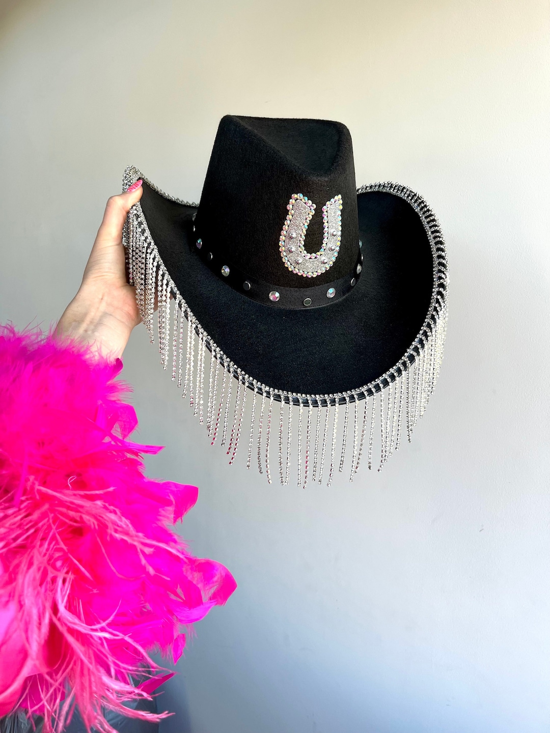 Silver Cowboy Hat Personalised White Rhinestone Fringe Cowboy Hat