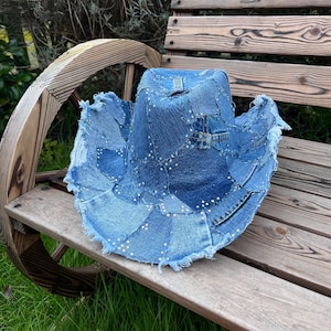 Rhinestone Denim Cowboy Hat • Festival Cowboy Hat • Stetson Hat • Rhinestone Cowboy Hat • Denim Cowgirl Hat • Recycled Denim Cowgirl Hat