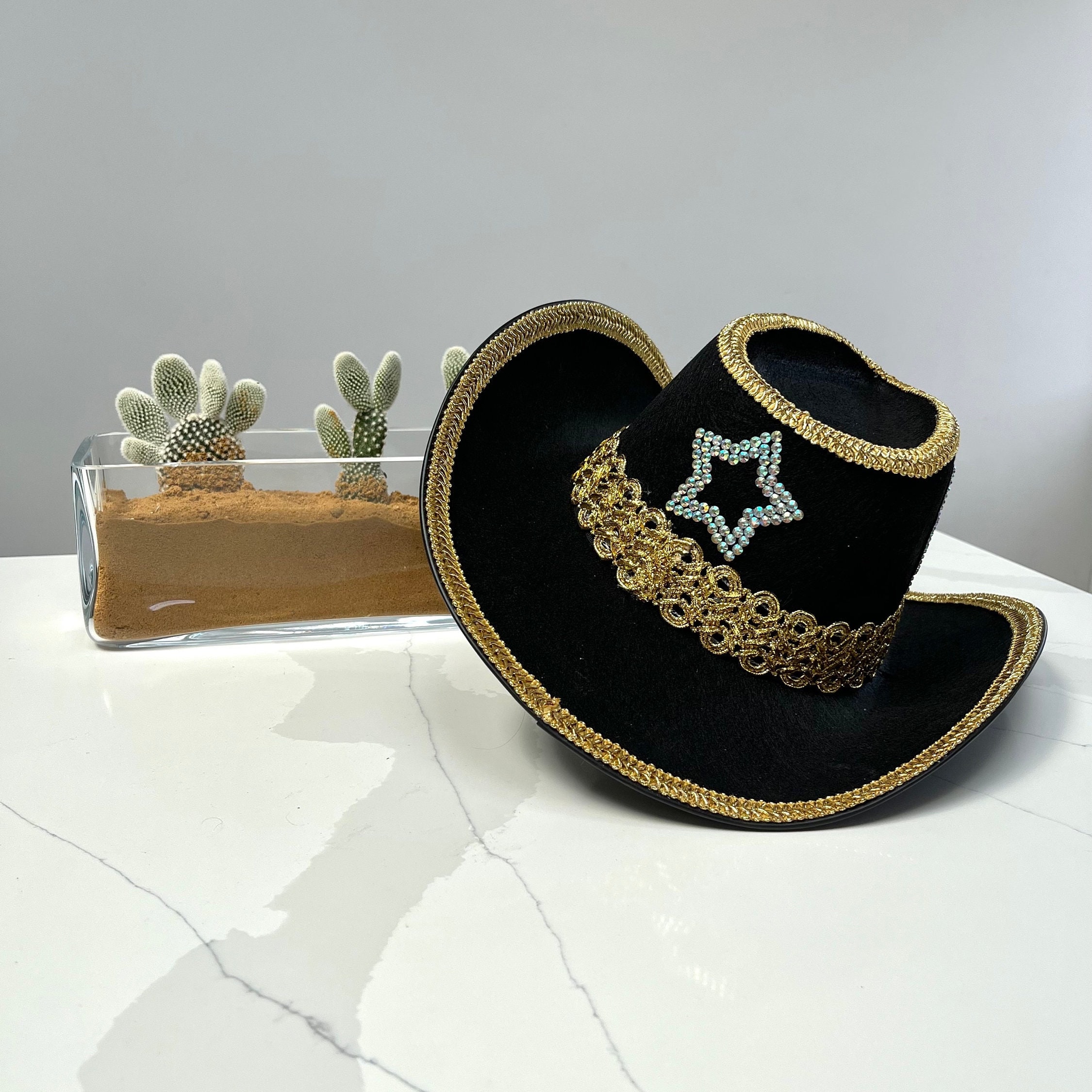 Black & Gold Rhinestone Cowboy Hat: Festival Cowgirl Hat - Etsy display picture 2