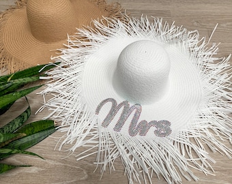 Sun Hat For Bride Hen Party Hat Summer Hat For Bride Personalised 'Mrs' Beach Hat: Bride-to-be Honeymoon Sun Hat White Sun Hat
