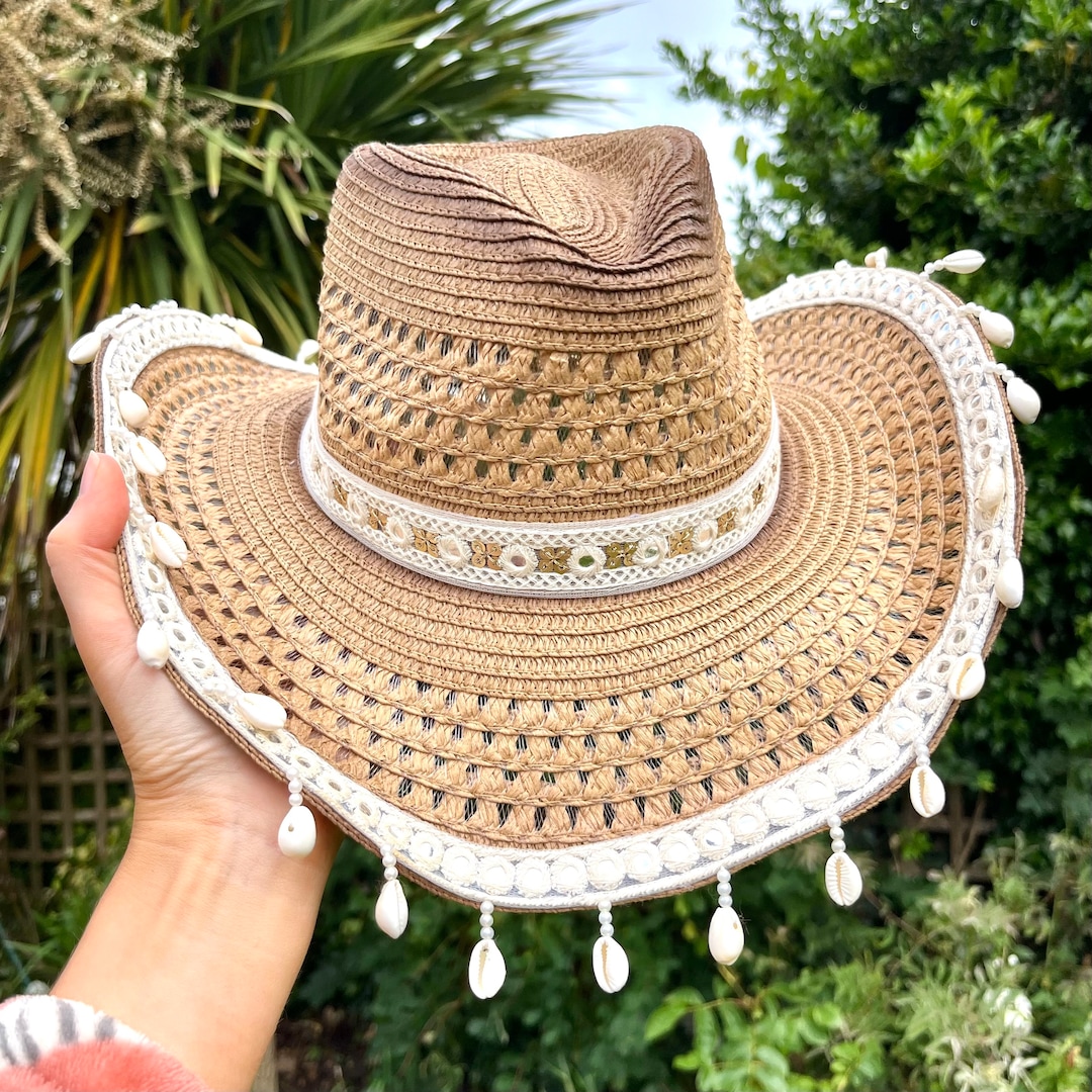 Hat With Shell Boho Cowgirl Hat: Woven Beach Cowboy Hat With Shells - Etsy