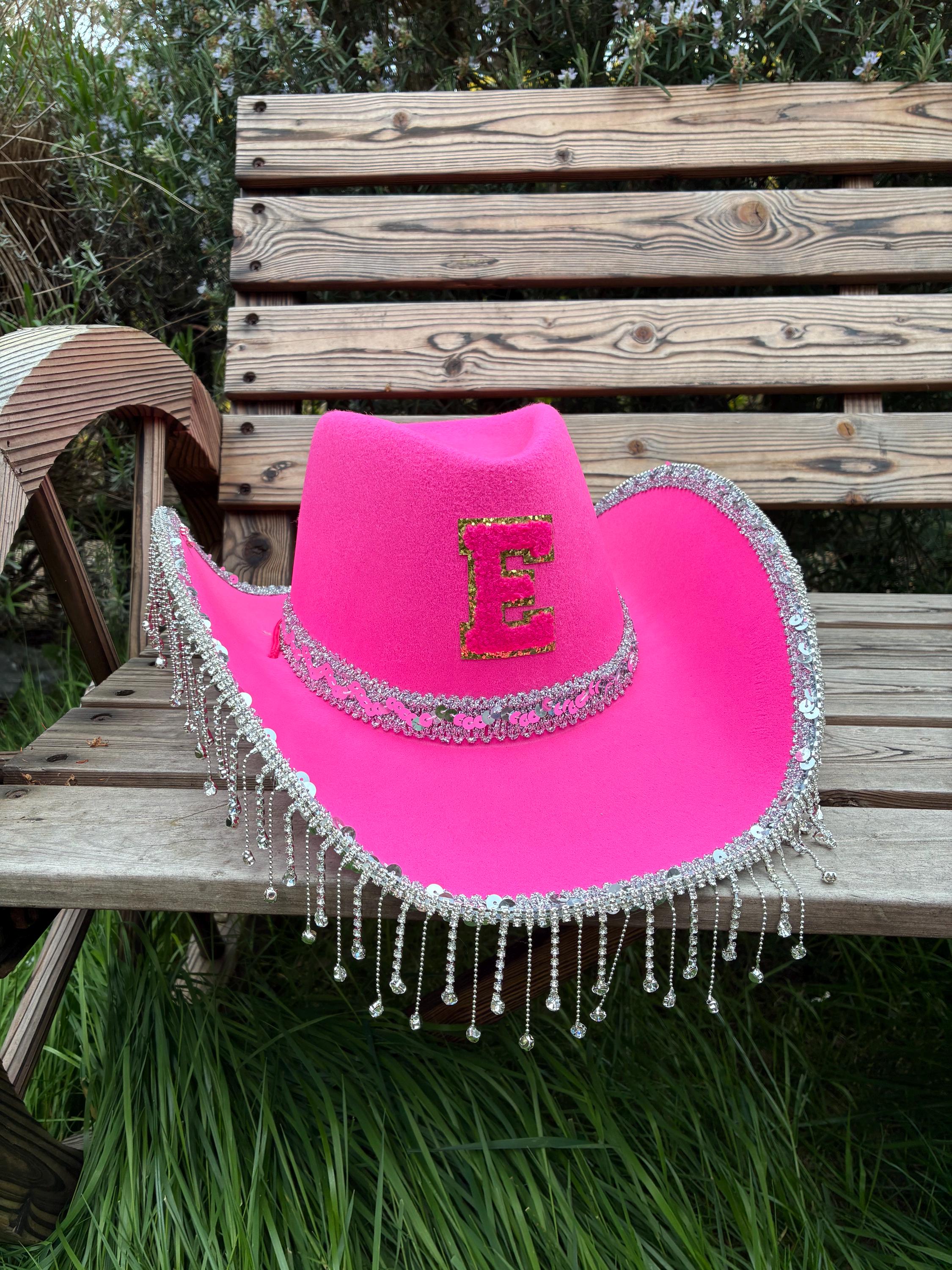 Hot Pink Rhinestone Fringe Cowboy Hat: Personalized Initial 