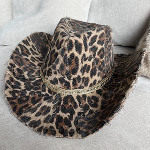 Leopard Print Denim Cowboy Hat • Stetson Hat • Leopard Print Cowboy Hat • Denim Cowgirl Hat • Recycled Denim Cowgirl Hat