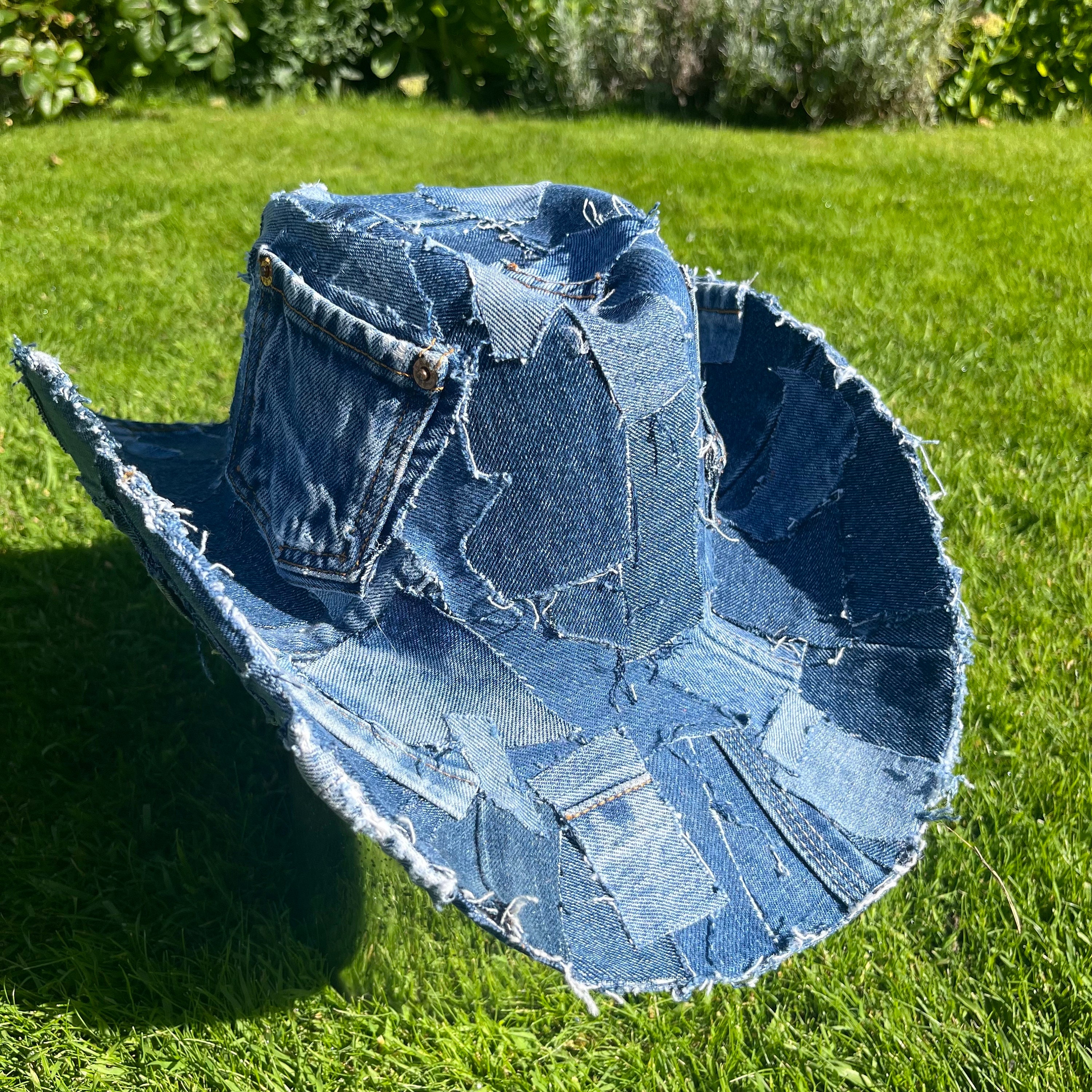 6547 Tie Dye Denim Patchwork Cowboy Hat For Women Men Western Wide Brim Upcycled Light Wash Denim Cowboy Hat (57/58cm) - Etsy main image 2
