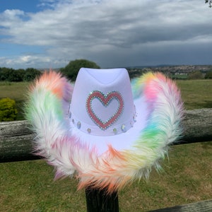 Pride Hat • Multicoloured Fur Trim Cowboy Hat • Rhinestone Cowgirl Hat • Festival Hat