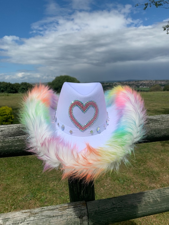 Cowboy Hat For Pride Rainbow Colours Hat Rhinestone Cowboy Hat Multicoloured Fur Trim Festival Hat Hat For Pride Outfit Love is Love Hat