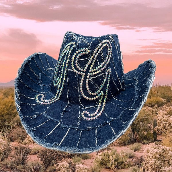 Jean Cowboy Hat Rhinestone Denim Cowboy Hat For Women  display picture 1
