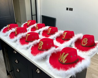 Luxury Red Velvet Christmas Cowgirl Hat with Feather Trim – Festive Santa Cowboy Hat for Women, Christmas Party