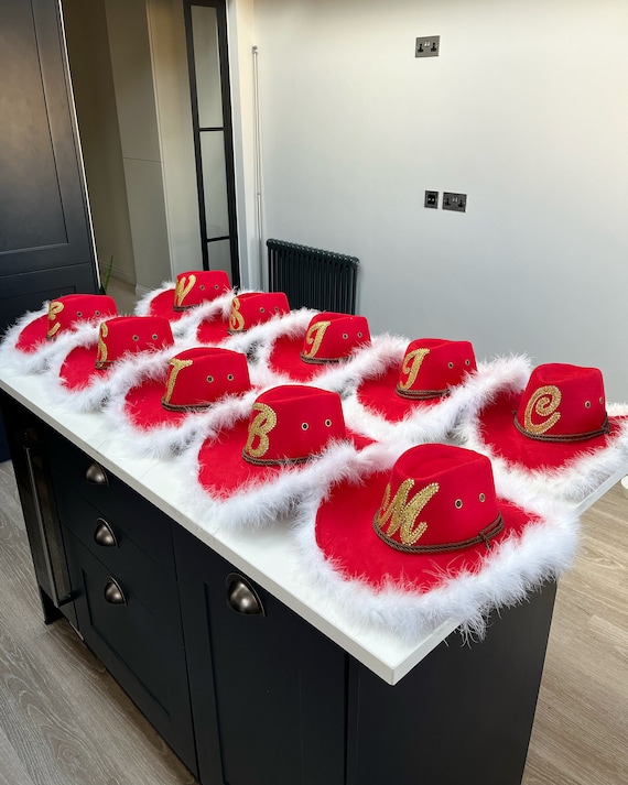 Christmas Fancy Dress Hat Santa Hat Red Velvet Christmas Cowboy Hat: Feather Trim Santa Hat Cowboy Hat for Christmas Father Christmas Hat