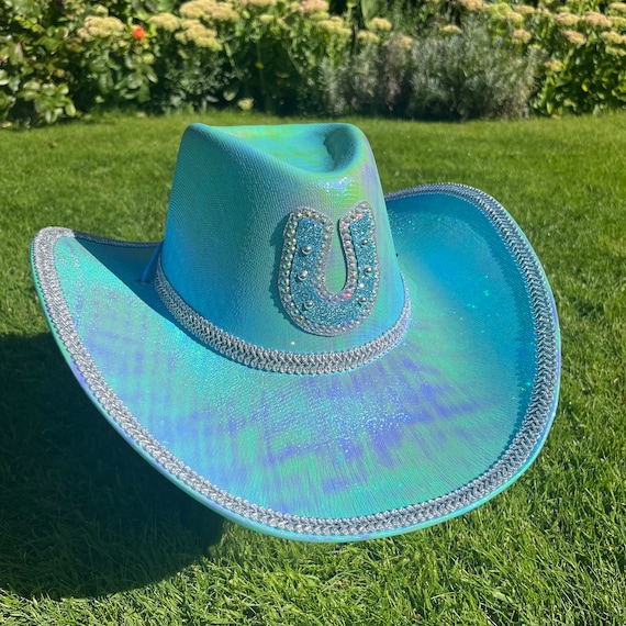 ?metallic blue rhinestone cowgirl hat Blue Rhinestone Fringe Cowboy Hat, Feather Boa Cowgirl Hat  main image 3