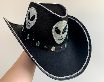 Space Cowboy Hat • Rhinestone Alien Cowboy Hat • Black Stetson • Rhinestone Cowgirl Hat
