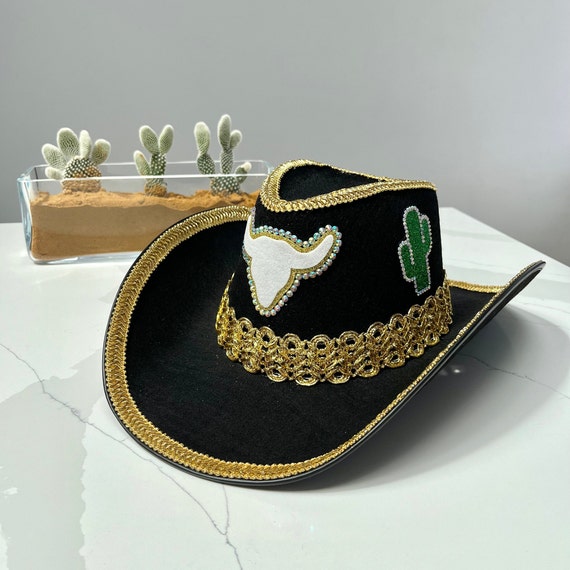 Studded Black and Gold Women\'s Fedora Cowboy Hat Black Western Cowboy Cowgirl Hat, Revolver Gun Bullet Strap  main image 3