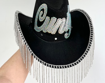 Cowboy Hut mit Strass Fransen: Schwarz Festival Cowgirl Stetson