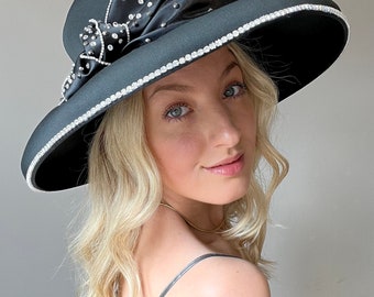 Black Satin Wedding Hat • Black Satin Bow Hat • Ladies Day Hat • Wedding Guest Hat