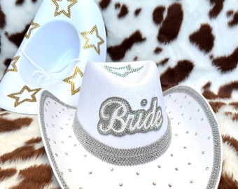 Bride To Be Cowboy Hat • White Rhinestone Cowgirl Hat • Cowboy Hat With a Veil • Bridal Cowboy Hat • Bachelorette Cowgirl Hat