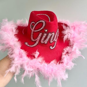 Personalized Feather Boa Cowboy Hat: Rhinestone Bachelorette Cowgirl Hat