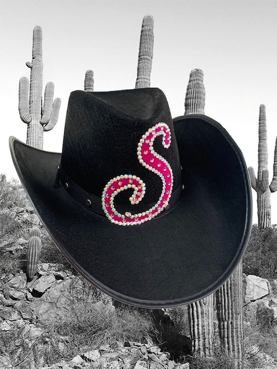 Rhinestone Initial Black Cowboy Hat: Personalized Festival  display picture 1