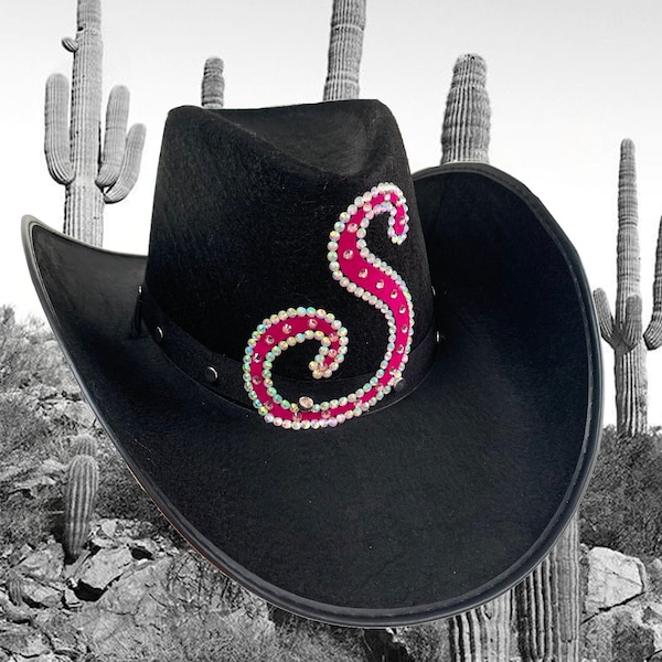 Initial Black Cowboy Hat • Cowgirl Hat • Festival Hat • Personalised Party Accessories • Rhinestone Cowboy Hat