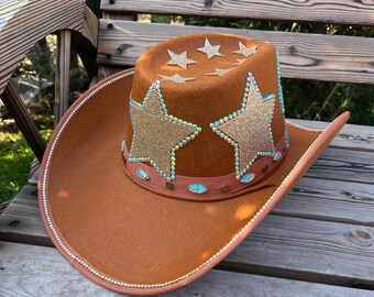 Rhinestone Cowgirl Tan Suede With Brown Rhinestone Cowboy Hat Large Custom Made Personalized Rhinestone Cowboy Hat: Brown Festival Cowgirl  main image 4