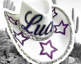 Personalized Rhinestone Cowboy Hat: White Cowgirl Bachelorette Party Hat