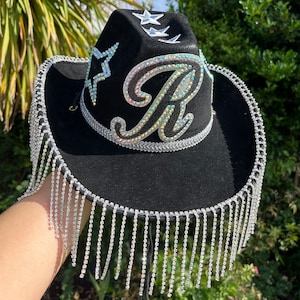 Personalized Black Cowboy Hat: Rhinestone Initial & Fringe