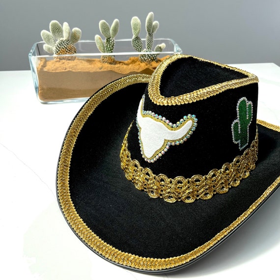Black Hat with Gold Lace and Green Beads il_1080xN.4731221860_bstj.jpg main image 3