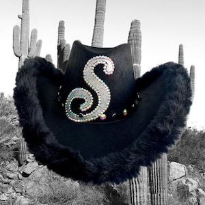 Personalized Black Cowboy Hat: Rhinestone Initial & Fur Trim, Bachelorette Cowgirl Hat