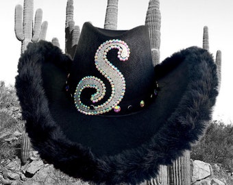 Personalized Black Cowboy Hat: Rhinestone Initial & Fur Trim, Bachelorette Cowgirl Hat