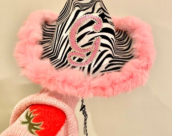 Cowgirl Hat • Fur Trim Zebra Print Cowboy Hat • Personalised Cowboy Hat • Hen Party Hat