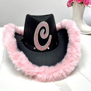 Personalised Black Cowboy Hat with Pink Fur Trim • Cowgirl Hat • Rhinestone Cowboy • Bachelorette Party Hat