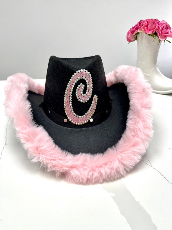 Personalized Black Cowboy Hat: Pink Fur Trim, Rhinestone  display picture 3