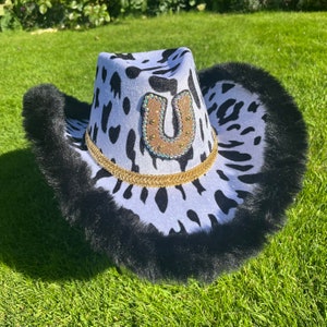 Cow Print Cowboy Hat: Gold Horseshoe & Faux Fur Trim