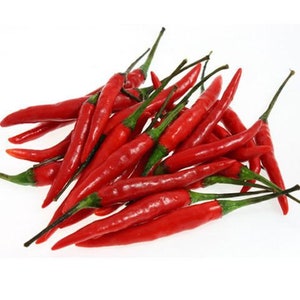 Könnte beinhalten: Ein Bund leuchtend roter Chilischoten mit grünen Stielen. Die Chilischoten liegen in einem Haufen, wobei sich einige Stiele überlappen.
