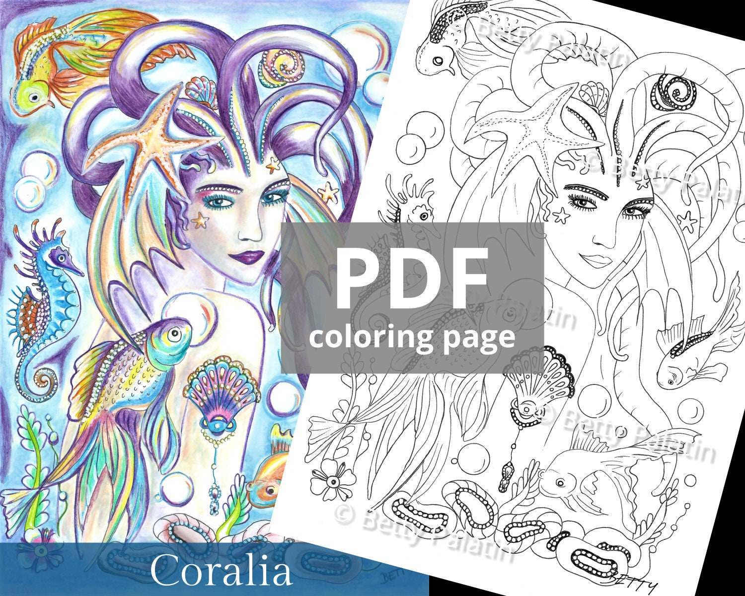 Coralia Mermaid Coloring Page - downloadable PDF coloring page, 1 printable sheet to color, by Betty Palatin