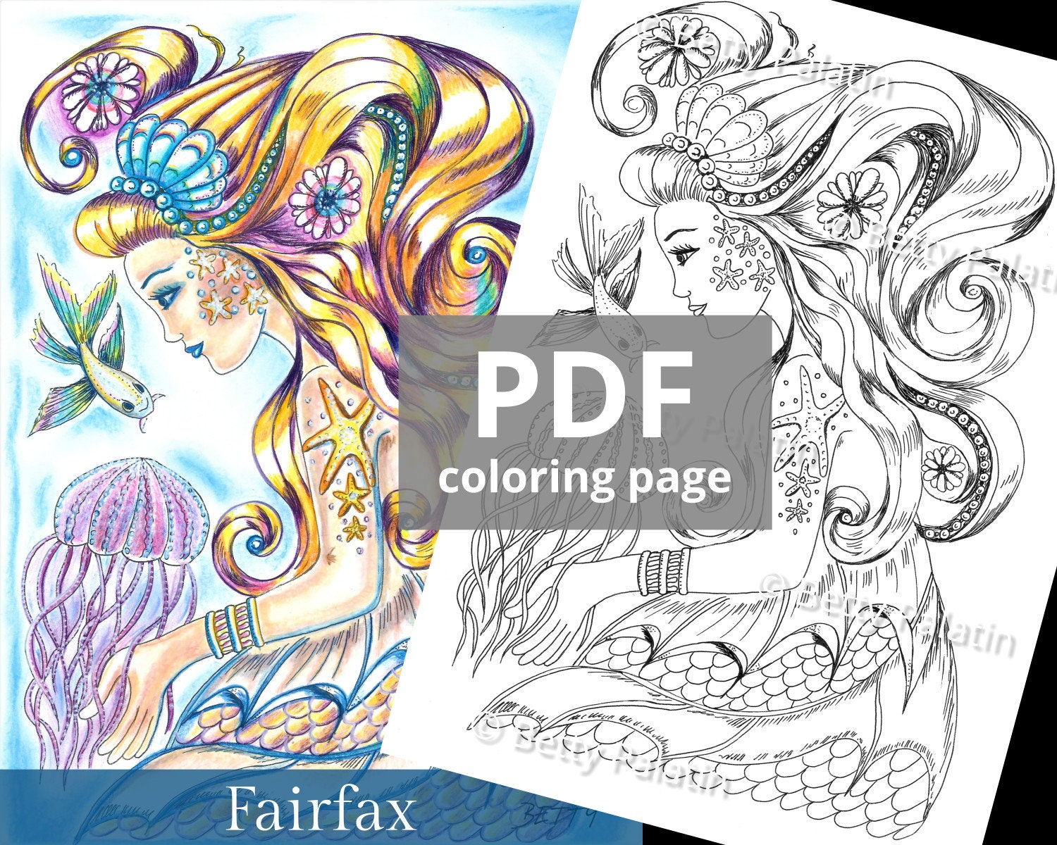 Fairfax Mermaid Coloring Page - downloadable PDF coloring page, 1 printable sheet to color, by Betty Palatin