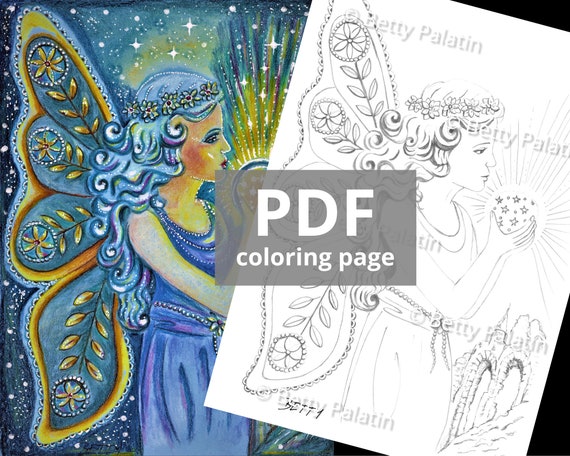 Night Fairy Coloring Page Downloadable PDF Coloring Page 1 | Etsy