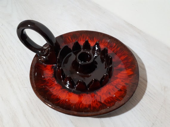 Vintage Brown Red Orange Pottery Candlestick Holder Mid Etsy