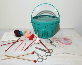 Vintage children turquoise knitting basket with accessories - Child needlework, embroidery, knitting box